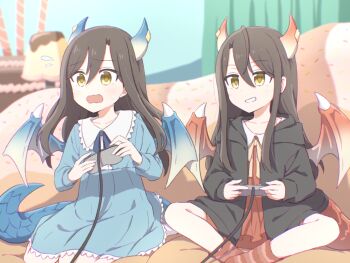 2girls blue_dress blue_horns blue_tail blue_wings brown_hair controller dragon_girl dragon_horns dragon_tail dragon_wings dress fujiyama_(yellow) holding holding_controller horns indoors lind_(princess_connect!) long_hair loungewear multiple_girls open_mouth panicking playing_games princess_connect! red_dress red_horns red_tail red_wings siblings sitting smug tail teeth twins wings wurm_(princess_connect!) yellow_eyes