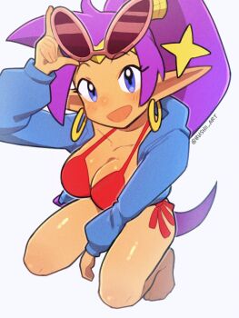 Rule 34 | 1girl, bikini, breasts, bushii (bo0xhy), cleavage, dark-skinned female, dark skin, earrings, from above, highres, isometric, jacket, jacket on shoulders, jewelry, large breasts, long hair, long sleeves, looking at viewer, pointy ears, ponytail, shantae, shantae (series), sunglasses on head, swimsuit, very long hair