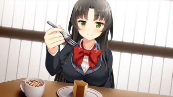 1girl black_hair bow bowtie breasts brown_hair closed_mouth cup eating food fork game_cg green_eyes holding holding_fork indoors jacket large_breasts light_blush light_smile long_hair long_sleeves looking_at_viewer moe!_ninja_girls official_art open_mouth parted_bangs plate red_bow red_bowtie saion-ji_enju school_uniform shirt sidelocks solo table third-party_source upper_body variant_set very_long_hair
