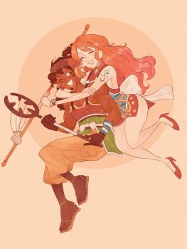 1boy 1girl armor bangle black_hair bracelet breast_press breasts brown_eyes brown_gloves clima-tact closed_eyes dark-skinned_male dark_skin gloves grin high_heels hug japanese_armor japanese_clothes jewelry kimono legs log_pose long_hair long_nose looking_at_another nami_(one_piece) nami_(one_piece)_(onigashima) official_alternate_costume one_eye_closed one_piece orange_hair pants pelvic_curtain peqchesss red_kimono red_shoes shiny_skin shoes short_kimono sleeveless sleeveless_kimono slingshot_(weapon) smile source_request staff_(weapon) tattoo usopp yellow_pants