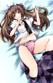 Rule 34 | 1girl, black necktie, blush, brown hair, checkered clothes, checkered skirt, commentary request, hair ribbon, hat, highres, himekaidou hatate, long hair, lying, minase tamaki, navel, necktie, no pants, on back, panties, photoshop (medium), pink panties, purple eyes, revision, ribbon, skirt, smile, solo, square-end necktie, tokin hat, touhou, twintails, underwear, unworn skirt