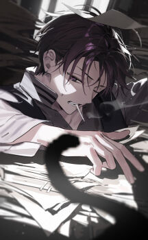 Rule 34 | 1boy, black vest, blurry, blurry foreground, cat, cigarette, commentary, earrings, grimace, indoors, itefu, jewelry, long sleeves, male focus, messy hair, nijisanji, one eye closed, paper, paper stack, purple eyes, purple hair, saiki ittetsu, shirt, smoking, solo, upper body, vest, virtual youtuber, white shirt, window