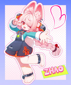 1girl ;d animal_ear_piercing animal_ears animal_feet ankle_strap black_skirt blue_border border bow braid bright_pupils commentary deadnooodles duplicate full_body furry furry_female green_shirt hair_between_eyes hair_bow hand_up heart highres long_hair long_sleeves looking_at_viewer one_eye_closed open_mouth outline outside_border outstretched_arm parted_bangs pink_background pink_fur pink_hair pixel-perfect_duplicate rabbit_ears rabbit_girl red_bow red_eyes shirt skirt smile solo standing standing_on_one_leg suspender_skirt suspenders symbol-only_commentary thick_eyebrows v white_outline white_pupils zenless_zone_zero zhao_(zenless_zone_zero)