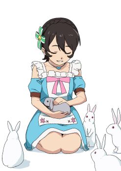 1girl animal apron bird black_hair blue_dress bow choker closed_eyes dress hair_bow hair_ornament hair_ribbon highres kneeling onshiyu original rabbit ribbon short_hair short_sleeves sitting solo