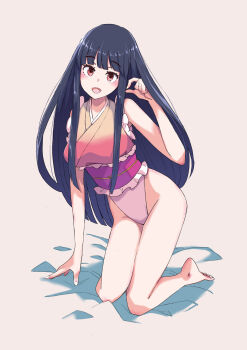 1girl absurdres adapted_costume barefoot black_hair commentary_request commission feet highres houraisan_kaguya jack_(wkm74959) kneeling leotard long_hair looking_at_viewer obi open_mouth pink_leotard pink_sash pixiv_commission sash sidelocks solo touhou touhou_tag_dream