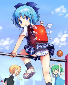>_< 3girls =_= accidental_exposure alternate_costume ascot backpack bag ball black_dress black_legwear blonde_hair bloomers blue_dress blue_eyes blue_hair blue_skirt blue_sky blue_vest blush bow cirno cityscape closed_eyes cloud daiyousei day dress fairy_wings green_hair hair_bow hakkotsu_shitai hands_up hitting ice ice_wings loli looking_at_viewer looking_back multiple_girls open_mouth panties pantyshot parted_lips plaid_clothes plaid_skirt polka_dot polka_dot_panties randoseru red_footwear rumia shiny_skin shirt shoes short_hair side_ponytail skirt sky sneakers socks throwing touhou underwear upskirt vest white_panties white_shirt wings