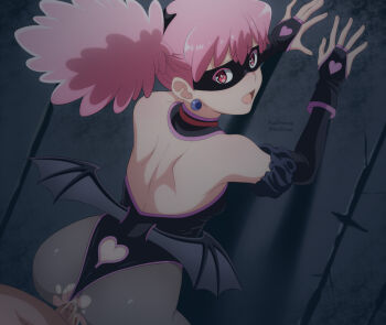 1girl absurdres against_wall artist_name ass audirenze back bare_shoulders black_gloves black_leotard black_mask black_pantyhose black_wings boku_no_hero_academia clothing_cutout commentary earrings elbow_gloves eye_mask fingerless_gloves gloves haneyama_kazuho heart heart_cutout heart_print hetero highleg highleg_leotard highres jewelry leotard long_hair looking_at_viewer looking_back mask median_furrow open_mouth pantyhose penis pink_eyes pink_hair sex sex_from_behind shoulder_blades solo_focus torn_clothes torn_pantyhose twintails twitter_username uncensored vigilante_-boku_no_hero_academia:_illegals- wide_hips wings