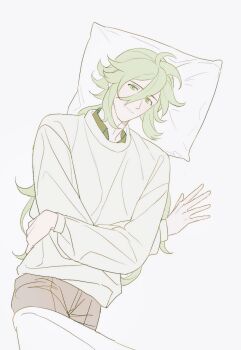 Rule 34 | 1boy, blanket, blanket over legs, closed mouth, crossed arms, from above, green eyes, green hair, hair between eyes, head on pillow, highres, long hair, long sleeves, looking at viewer, lying, n (pokemon), nintendo, on back, on side, pil tor, pillow, pokemon, pokemon bw, shirt, sidelocks, smile, solo, sweater, very long hair, white background, white shirt, white sweater