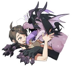 1boy 1girl animalization black_hair black_horns braid brown_eyes brown_hair colored_tongue commentary dragon dragon_boy dragon_horns english_commentary hetero highres horns juliana_(pokemon) kieran_(pokemon) knifedragon licking licking_another&#039;s_face nintendo one_eye_closed pokemon pokemon_sv purple_tongue short_hair simple_background single_braid tongue tongue_out white_background