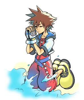 1boy beach belt blue_belt closed_eyes closed_mouth commentary fingerless_gloves gloves highres hood hood_down kikufukuslayer kingdom_hearts kingdom_hearts_i kneeling male_focus own_hands_together sand shoes short_sleeves solo sora_(kingdom_hearts) spiked_hair water white_background yellow_shoes