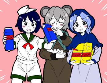 3girls anchor_symbol animal_ears black_eyes blue_hood blush brown_dress bseibutsu capelet closed_eyes closed_mouth colored_skin commentary_request cookie_(touhou) cowboy_shot dress drink_carton egg flour flour_(cookie) green_capelet grey_dress grey_hair hat holding holding_egg holding_milk_carton hood hood_up kumoi_ichirin long_sleeves looking_at_viewer milk_(cookie) milk_carton mouse_ears mouse_girl multiple_girls murasa_minamitsu nazrin nyon_(cookie) open_mouth pink_background shirt short_hair shorts simple_background smile touhou white_hat white_shirt white_shorts white_skin