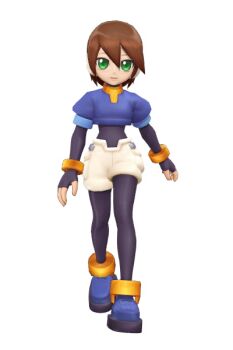 1girl 3d aile_(mega_man_zx) animated animated_gif arisumatio bingshan black_bodysuit blue_jacket bodysuit bodysuit_under_clothes bracelet brown_hair choker crop_top cropped_jacket elbow_gloves fan_speaking fingerless_gloves gloves green_eyes hair_between_eyes jacket jewelry looking_at_viewer mega_man_(series) mega_man_x_(series) mega_man_x_dive mega_man_zx short_hair short_sleeves shorts simple_background smile solo thighhighs walking white_background white_shorts