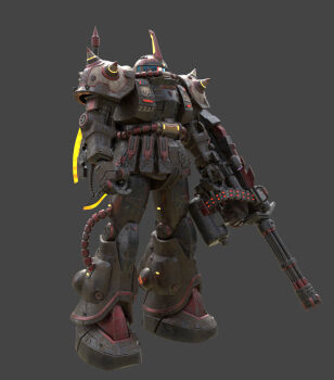 3d blender_(medium) cable commentary concept_art damaged emblem english_commentary fusion gatling_gun glowing glowing_eye gouf gouf_custom grey_background gun gundam heat_hawk highres hose light machine_gun machinery mecha mecha_focus mobile_suit no_humans one-eyed original radio_antenna ray_tang realistic red_eyes redesign robot roundel science_fiction shield shoulder_spikes spikes tube weapon wolf_print zaku_ii zeon