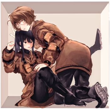 2boys absurdres arm_up black_eyes black_hair black_pants black_sweater boots brown_coat brown_hair cleats coat commentary_request emma_(project_moon) glasses hand_on_another&#039;s_knee highres in_container kneeling library_of_ruina long_hair long_sleeves male_focus multiple_boys noah_(project_moon) open_mouth pants pocket ponytail project_moon ribbed_sweater round_eyewear short_hair sidelocks sweat sweater turtleneck turtleneck_sweater y_o_u_k_a yaoi yellow_eyes