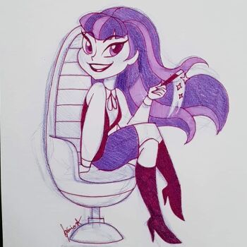 1girl :d black_footwear boots chair crossed_legs dc_comics dc_super_hero_girls egitojuniior full_body hand_on_chair high_heel_boots high_heels looking_at_viewer magic open_mouth purple_eyes purple_hair purple_skirt signature skirt smile sparkle superhero_costume teeth traditional_media wand zatanna_zatara