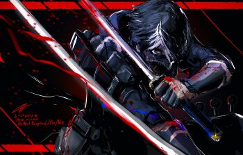 1boy absurdres armor black_eyes black_hair blood border commentary_request dual_wielding english_text glint highres holding holding_sword holding_weapon katana looking_at_viewer male_focus mask mouth_mask multicolored_hair ninja ninja_gaiden ninja_gaiden_4 rae_ariadne red_border short_hair signature solo streaked_hair sword twitter_username weapon white_hair yakumo_(ninja_gaiden)