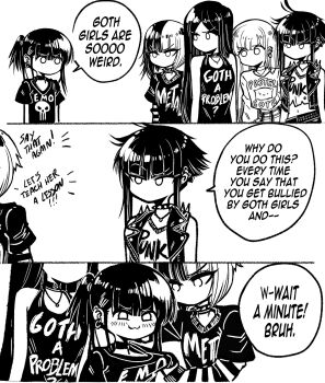 Rule 34 | 3koma, 5girls, :3, bare shoulders, black choker, black hair, bullying, choker, collar, comic, ear piercing, emo-girl (grs-), english text, goth-girl (grs-), greyscale, grs-, highres, long hair, medium hair, metal-girl (grs-), monochrome, multicolored hair, multiple girls, no mouth, original, pastel-goth-girl (grs-), piercing, punk-girl (grs-), short hair, simple background, sleeveless, smug, spiked collar, spiked jacket, spikes, white background, yuri