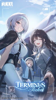 3girls black_coat black_hair blue_eyes blue_necktie blue_pants blue_sky brid_(nikke) brid_(silent_track)_(nikke) brown_eyes brown_hair closed_eyes coat collared_shirt commentary day diesel_(nikke) diesel_(winter_sweets)_(nikke) english_commentary goddess_of_victory:_nikke grey_hair hair_over_one_eye hat highres holding holding_microphone long_hair looking_at_viewer microphone multiple_girls necktie official_art open_mouth outdoors pants parted_lips pointing rolling_suitcase shirt sky smile soline_(frost_ticket)_(nikke) soline_(nikke) standing suitcase teeth train twintails white_hat white_shirt