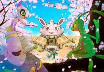 alternate_color blue_sky celebi cherry_blossoms colored_sclera dusknoir fairy_wings gen_1_pokemon gen_2_pokemon gen_3_pokemon gen_4_pokemon green_eyes grovyle highres in-universe_location legendary_pokemon mythical_pokemon neckerchief nintendo open_mouth pokemon pokemon_(creature) pokemon_mystery_dungeon pokemon_mystery_dungeon:_explorers_of_time/darkness/sky riolu shinx shiny_pokemon sitting_on_branch sky tree tsuyuki_rune wigglytuff wings yellow_sclera