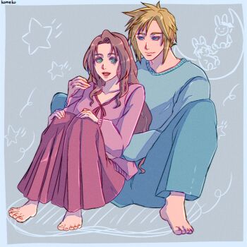 1boy 1girl aerith_gainsborough alternate_costume artist_name barefoot blonde_hair blue_border blue_eyes blue_pants blue_sweater border breasts brown_skirt closed_mouth cloud_strife couple final_fantasy final_fantasy_vii full_body green_eyes grey_background hand_on_another&#039;s_shoulder hetero highres hugging_own_legs komeko_(strikek-lvvjm27) long_hair long_skirt long_sleeves looking_at_another medium_breasts open_mouth pants parted_bangs pink_shirt rabbit shirt short_hair sidelocks sitting skirt smile sweater
