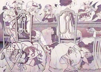 Rule 34 | !, 6+girls, alternate costume, alto2019, bat wings, blush, boned meat, bound, braid, breasts, cake, capelet, chair, closed eyes, closed mouth, collared shirt, commentary request, crystal, demon wings, dress, eating, flandre scarlet, food, fork, frilled skirt, frills, hakurei reimu, halloween, halloween costume, hat, hat ribbon, head wings, heart, holding, holding fork, holding knife, hong meiling, izayoi sakuya, izayoi sakuya (would you like pumpkin tea?), jack-o'-lantern hat, knife, koakuma, koakuma (descendant of darkness), long hair, maid headdress, meat, mob cap, monochrome, multiple girls, musical note, necktie, object through head, on chair, open mouth, patchouli knowledge, patchwork skin, remilia scarlet, remilia scarlet (trick or grrr!), ribbon, rope, rumia, rumia (koakuma-like youkai), sample watermark, screw in head, shirt, siblings, sisters, sitting, skirt, smile, spoken exclamation mark, spoken heart, spoken musical note, table, tied up (nonsexual), touhou, touhou lostword, twin braids, very long hair, vest, watermark, watermark grid, wings