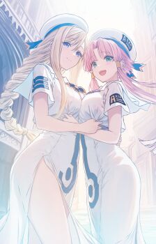 2girls :d alicia_florence aria_(manga) blonde_hair blue_eyes breasts closed_mouth commentary_request cowboy_shot cutlass_(classic_chocolate) dress hat highres large_breasts long_hair mizunashi_akari multiple_girls open_mouth parted_bangs pink_hair short_sleeves smile standing white_dress white_hat