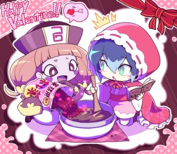 2girls ^^^ aqua_eyes arrow_(projectile) bag black_outline blue_hair blunt_bangs blush_stickers book bow bowl bowtie brown_hair brown_shoes chinese_clothes chocolate_making cloak cloth colored_skin commentary_request cooking facing_viewer full_body fur-trimmed_socks grey_hair grey_skin hair_between_eyes hair_ornament happy_valentine hat heart heart-shaped_blush_stickers heart_hair_ornament holding holding_bag holding_book holding_spoon hood hood_up japanese_clothes jiangshi kimono kyunshii_(youkai_watch) lace-trimmed_cloak long_sleeves looking_at_another looking_at_object love_potion mixing mixing_bowl multicolored_hair multiple_girls nollety obi open_mouth outline pink_bow pink_bowtie pink_cloak pink_sash polka_dot polka_dot_background print_kimono purple_eyes purple_hat purple_socks qingdai_guanmao red_bow sash seiza shoes sitting sleeves_past_wrists smile socks spoon surprised traditional_youkai translation_request twintails two-tone_hair wooden_spoon youkai_(youkai_watch) youkai_watch yuki_onna yukionna_(youkai_watch)