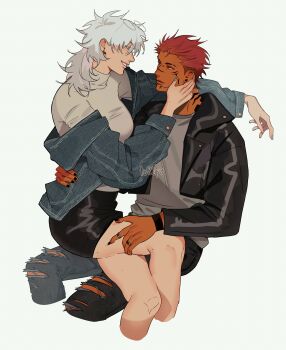 1boy 1girl absurdres alternate_costume alternate_hair_length alternate_hairstyle arm_on_another's_shoulder arm_tattoo artist_name black_nails black_pants black_skirt blue_eyes blue_nails breasts bridge_piercing buttons closed_mouth colored_eyelashes cropped_jacket cropped_legs crossed_legs denim denim_jacket earrings eye_contact eyebrow_cut eyebrow_piercing eyewear_on_head face_piercing facial_tattoo genderswap genderswap_(mtf) gojou_satoru grey-framed_eyewear grey_shirt hand_on_another's_cheek hand_on_another's_face hand_on_another's_thigh hand_on_another's_waist highres jacket jacket_partially_removed jeans jewelry jujutsu_kaisen labret_piercing leather leather_jacket leather_skirt looking_at_another medium_breasts medium_hair messy_hair mole mole_on_arm mole_on_leg multiple_moles neck_tattoo pants pencil_skirt piercing pink_hair plug_(piercing) round_eyewear ryoumen_sukuna_(jujutsu_kaisen) shirt short_hair silver_ring simple_background sitting sitting_on_person skirt smile snakebite_(piercing) spiked_ear_piercing tattoo teeth to_0fu torn_clothes torn_pants turtleneck watermark white_background white_eyelashes white_shirt