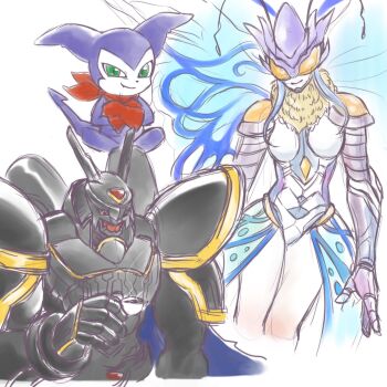 1girl 2boys alphamon armor artist_name artist_request bug butterfly butterfly_wings coffee coffee_mug cup digimon digimon_story:_cyber_sleuth digimon_story:_cyber_sleuth_hacker's_memory digimon_tamers fur_trim helmet hudiemon impmon insect insect_wings knight leotard looking_at_viewer mug multiple_boys shoulder_armor wings