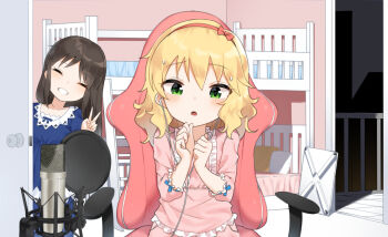 2girls :o ^_^ bad_id bad_pixiv_id bed blonde_hair blue_dress blush bow bunk_bed chair closed_eyes collarbone door dress earbuds earphones frilled_shirt_collar frills green_eyes grin hair_between_eyes hair_bow hairband hands_up idolmaster idolmaster_cinderella_girls indoors long_hair long_sleeves microphone multiple_girls noria office_chair open_door parted_lips pink_shirt railing red_bow red_hairband sakurai_momoka shirt sitting smile sweat swivel_chair tachibana_arisu v