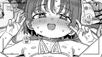 1girl bar_censor barbarian_tk battery_indicator censored double_v flat_chest greyscale heart hetero loli monochrome nipples original penis recording swimsuit v