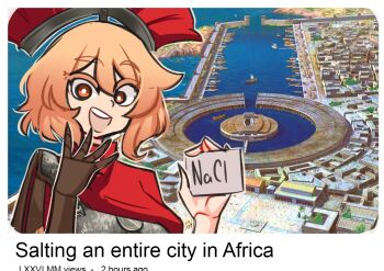 1girl armor blonde_hair boat bright_pupils brown_gloves cape carthage centurii-chan centurii-chan_(character) city gloves harbor historical_event holding open_mouth orange_eyes plume red_cape roman_armor sailboat salt short_hair single_glove solo teeth upper_body upper_teeth_only watercraft white_pupils youtube