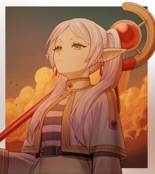 1girl absurdres belt bird black_belt capelet closed_mouth cloud dnsu earrings elf floating_earrings frieren gold_trim green_eyes grey_hair hair_over_shoulder highres holding holding_staff jewelry long_hair long_pointy_ears long_sleeves looking_up mage_staff meme multiple_girls parted_bangs pointy_ears shirt solo sousou_no_frieren staff striped_clothes striped_shirt twintails upward_angle_frieren_drawing_(meme) white_capelet white_hair