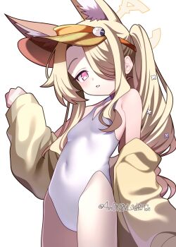 1girl 4rion absurdres animal_ear_fluff animal_ears bare_shoulders blue_archive blush breasts commentary covered_navel cowboy_shot cross_halo diamond_cutout extra_ears fox_ears fox_girl hair_over_one_eye halo hand_up highleg highleg_one-piece_swimsuit highres jacket jacket_partially_removed loli long_hair long_sleeves looking_at_viewer no_tail off_shoulder official_alternate_costume official_alternate_hairstyle one-piece_swimsuit one_eye_covered open_clothes open_jacket parted_lips pink_eyes ponytail seia_(blue_archive) seia_(swimsuit)_(blue_archive) side_ponytail sidelocks simple_background sleeves_past_wrists small_breasts solo sun swimsuit thighs twitter_username very_long_hair visor_cap wavy_hair white_background white_one-piece_swimsuit yellow_halo yellow_jacket yellow_visor
