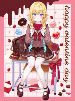 Rule 34 | 1girl, aizawa ema, aqua hair, bag, blonde hair, blue eyes, bow, braid, brown bag, brown sailor collar, brown shirt, brown shoes, brown skirt, candy, chair, chocolate, closed mouth, commentary, desk, english text, envelope, food, full body, gradient hair, hands up, happy valentine, highres, holding, holding envelope, long hair, long sleeves, looking at viewer, mary janes, multicolored hair, on desk, red bow, sailor collar, school bag, school chair, school desk, school uniform, shirt, shoes, sitting, skirt, smile, solo, thighhighs, twin braids, virtual youtuber, vspo!, white thighhighs, yuzuriha (nx e78), zettai ryouiki