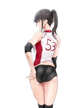 1girl absurdres ass back black_eyes black_hair blush breasts elbow_pads highres komi-san_wa_komyushou_desu komi_shouko looking_at_viewer mamimi_(mamamimi) pantylines ponytail shorts simple_background solo sportswear volleyball_uniform white_background