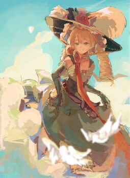 1girl absurdres aqua_background bare_shoulders belt_pouch blonde_hair bow chinstrap dress drill_hair elbow_gloves flower gezi_baotang gloves green_dress green_eyes green_gloves green_hat grin hat hat_feather hat_flower highres long_dress long_hair looking_at_viewer low_twintails orange_bow picture_hat pouch red_flower reverse:1999 skirt_hold sleeveless sleeveless_dress smile solo sotheby twin_drills twintails upper_body