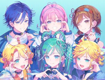 2boys 4girls absurdres aqua_eyes aqua_hair aqua_nails blonde_hair blue_choker blue_eyes blue_hair blue_jacket blush braid braided_hair_rings brother_and_sister brown_eyes brown_hair choker closed_eyes collarbone commentary_request earrings four-finger_heart_hands hair_between_eyes hair_ornament hair_rings hatsune_miku heart heart_earrings heart_hands highres jacket jewelry kagamine_len kagamine_rin kaito_(vocaloid) long_hair looking_at_viewer magical_mirai_(vocaloid) magical_mirai_kaito magical_mirai_kaito_(2025) magical_mirai_len magical_mirai_len_(2025) magical_mirai_luka magical_mirai_luka_(2025) magical_mirai_meiko magical_mirai_meiko_(2025) magical_mirai_miku magical_mirai_miku_(2025) magical_mirai_rin magical_mirai_rin_(2025) medium_hair megurine_luka meiko_(vocaloid) multiple_boys multiple_girls nun_nu official_alternate_costume official_alternate_hairstyle one_eye_closed open_mouth pink_hair red_nails siblings simple_background single_earring smile star_(symbol) star_hair_ornament twintails very_long_hair vocaloid