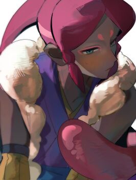 1boy blue_eyes dark-skinned_male dark_skin eyeshadow hashtag-only_commentary highres japanese_clothes long_hair makeup mrn00l ooyamori pink_eyeshadow pink_hair ponytail simple_background solo upper_body white_background youkai_(youkai_watch) youkai_watch