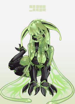 1girl absurdres antennae arthropod_girl black_sclera blame_4407 breasts claws cleavage colored_sclera colored_skin green_hair green_skin highres indie_virtual_youtuber insect_girl juniper_actias looking_at_viewer monster_girl moth_antennae moth_girl open_mouth skeleton slime_(substance) slime_girl solo thighs virtual_youtuber