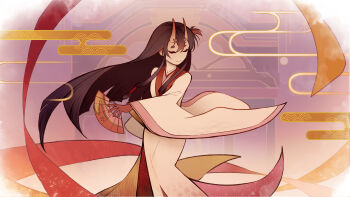 1girl abstract_background absurdres astruma2 brown_hair chiyo_(genshin_impact) closed_eyes closed_mouth commentary dancing english_commentary genshin_impact hair_between_eyes hair_flowing_over hand_fan highres holding horns japanese_clothes kimono light_smile long_hair long_sleeves multicolored_hair oni solo upper_body white_kimono wide_sleeves