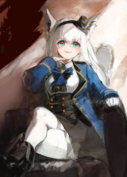 1girl animal_ears aqua_eyes armrest ascot black_boots black_corset black_hairband blue_ascot blue_bow blue_bowtie blue_jacket boots bow bowtie closed_mouth collared_shirt corset couch double-parted_bangs fox_ears frilled_skirt frills gloves grey_skirt hair_between_eyes hairband hand_up hat highres hololive jacket lolita_fashion long_hair long_sleeves looking_at_viewer mini_hat mini_top_hat official_alternate_costume official_alternate_hairstyle ojou-sama_pose on_couch pantyhose retrocreature shirakami_fubuki shirakami_fubuki_(parade_dress) shirt skirt sleeve_cuffs solo top_hat underbust very_long_hair victorian virtual_youtuber white_gloves white_hair white_pantyhose white_shirt