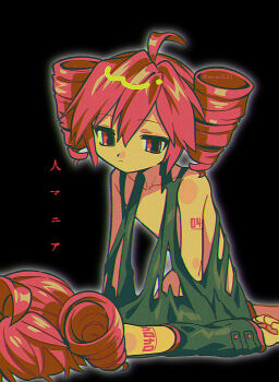 1girl ahoge all_fours black_background closed_mouth collarbone completely_nude convenient_censoring drill_hair ecdysis expressionless flat_chest glowing half-closed_eyes highres hito_mania_(utau) kasane_teto kasane_teto_(utau) looking_at_viewer menma_(enaic31) nude number_tattoo outline red_eyes red_hair shedding short_hair shoulder_tattoo simple_background song_name tattoo twin_drills twitter_username utau white_outline