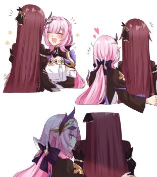 2girls black_dress black_shrug blue_eyes breasts brown_hair corset dress eden_(honkai_impact) elf elysia_(honkai_impact) elysia_(miss_pink_elf)_(honkai_impact) hair_ornament hashtag-only_commentary heart honkai_(series) honkai_impact_3rd large_breasts long_hair looking_at_viewer multiple_girls multiple_views pink_hair pointy_ears shrug_(clothing) simple_background smile toufu_0626 very_long_hair white_background white_corset yuri
