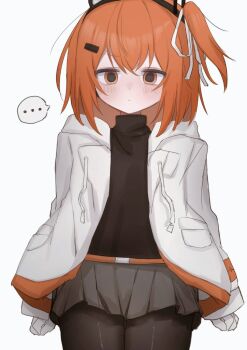 ... 1girl a.i._voice adachi_rei alternate_bottom_wear arazan_(ara_arazan24) arms_at_sides belt black_pantyhose black_shirt blush closed_mouth commentary cowboy_shot double-parted_bangs gloves grey_skirt hair_ornament hair_ribbon headset jacket jitome medium_hair miniskirt one_side_up open_clothes open_jacket orange_belt orange_eyes orange_hair pantyhose pleated_skirt ribbon shirt simple_background single_eyebrow skirt solo speech_bubble symbol-only_commentary turtleneck turtleneck_shirt utau white_background white_gloves white_jacket white_ribbon