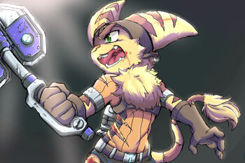 animal animal_ears blood blood_on_face creature fluffy furry furry_male game_console gloves green_eyes hurt open_mouth pants pozi0618 ratchet_&amp;_clank ratchet_(ratchet_&amp;_clank) sony striped_fur wrench