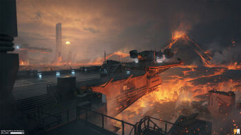 cloud cloudy_sky commentary embers eruption highres lava mangshuo no_humans original outdoors photoshop_(medium) radar_dish radio_antenna scenery science_fiction sky smoke spacecraft sunset tower twitter_username volcano