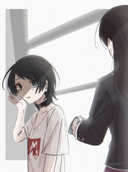 Rule 34 | 2girls, aged down, bang dream!, bang dream! it's mygo!!!!!, black choker, black hair, black jacket, choker, commentary, crying, crying with eyes open, haneoka school uniform, highres, jacket, long hair, multiple girls, nagomu 7 56, open mouth, school uniform, shiina taki, shirt, short hair, short sleeves, tears, white shirt, yahata umiri