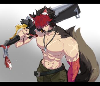 1boy abs animal_ear_piercing animal_ears bandaged_arm bandages black_choker black_hair choker commentary dog_boy dog_ears dog_tail highres holding holding_sword holding_weapon jewelry komano_manato leaf_in_mouth m3cha male_focus multicolored_hair muscular muscular_male necklace over_shoulder red_bandage red_hair scar scar_on_arm scar_on_chest scar_on_face sword sword_over_shoulder symbol-only_commentary tail weapon weapon_over_shoulder zenless_zone_zero