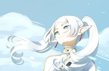 1girl aqua_eyes art_study cloak closed_mouth cloud commentary day earrings elf english_commentary floating_hair frieren from_below green_eyes highres jewelry klaivre_p light_smile long_hair looking_afar meme outdoors pointy_ears portrait sky solo sousou_no_frieren twintails upward_angle_frieren_drawing_(meme) very_long_hair white_cloak white_hair wind